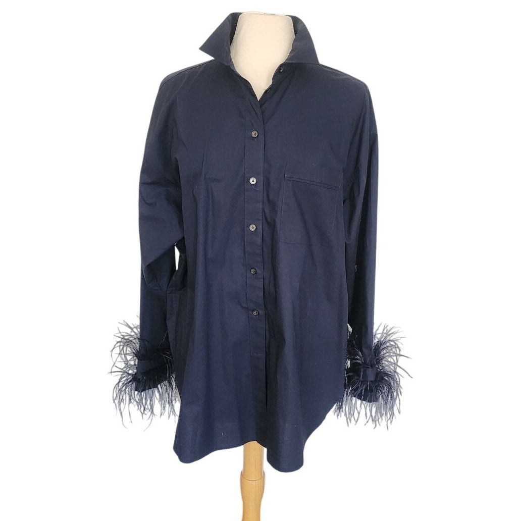 J CREW Navy Blue Cotton Shirt w/Feather Sleeve Cuffs Cotton Poplin Womens Large
