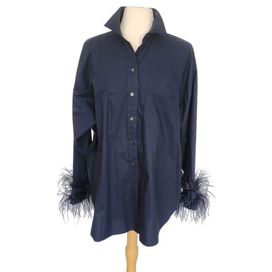 J CREW Navy Blue Cotton Shirt w/Feather Sleeve Cuffs Cotton Poplin Womens Large