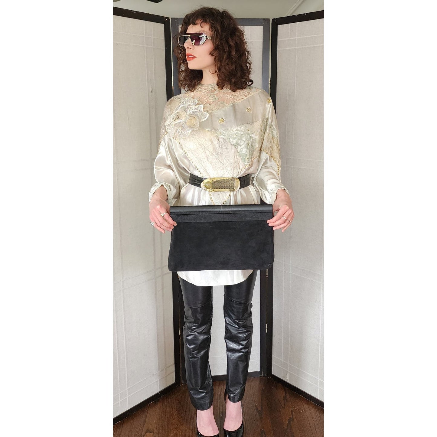 Vintage Black Suede Clutch Bag w/Wood Saks Fifth Ave