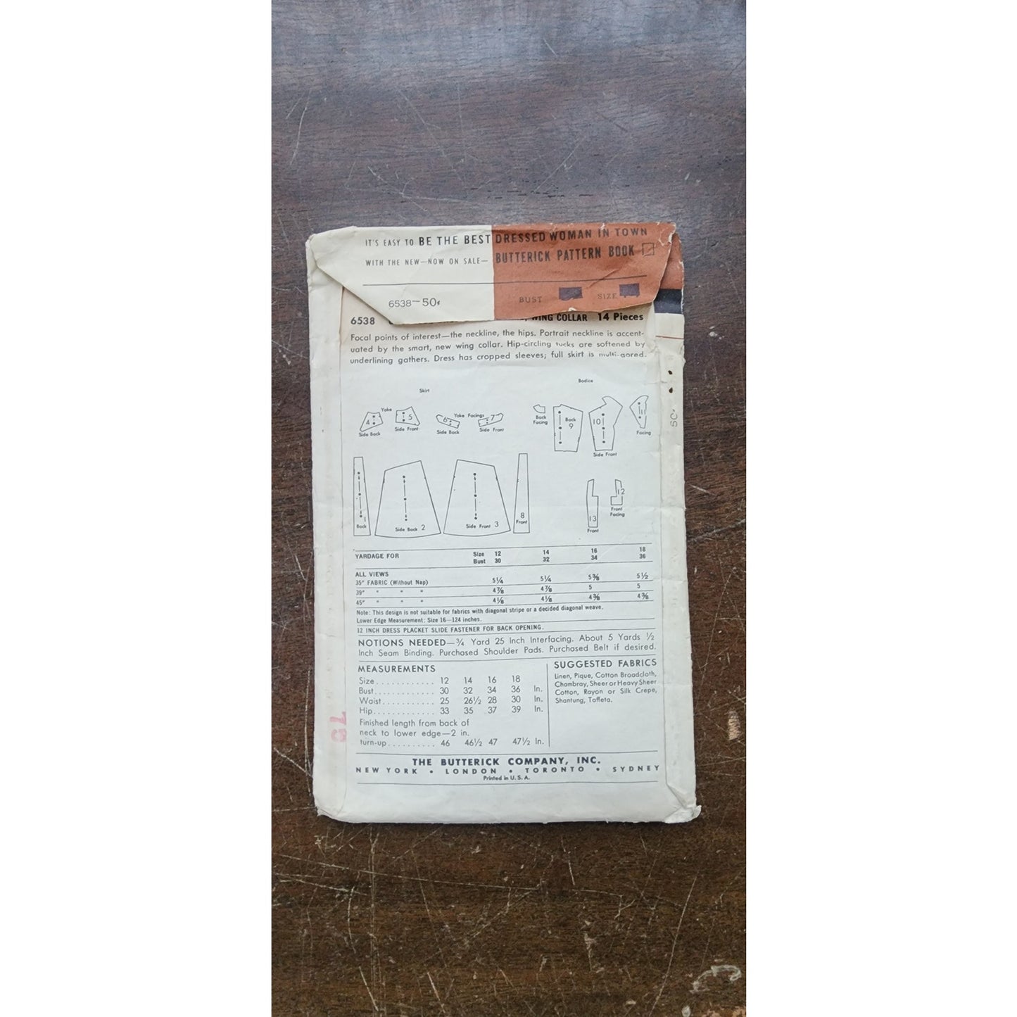 Vintage 50s Dress Sewing Pattern: One Piece Dress Wing Collar Butterick 6538 / Bust 34