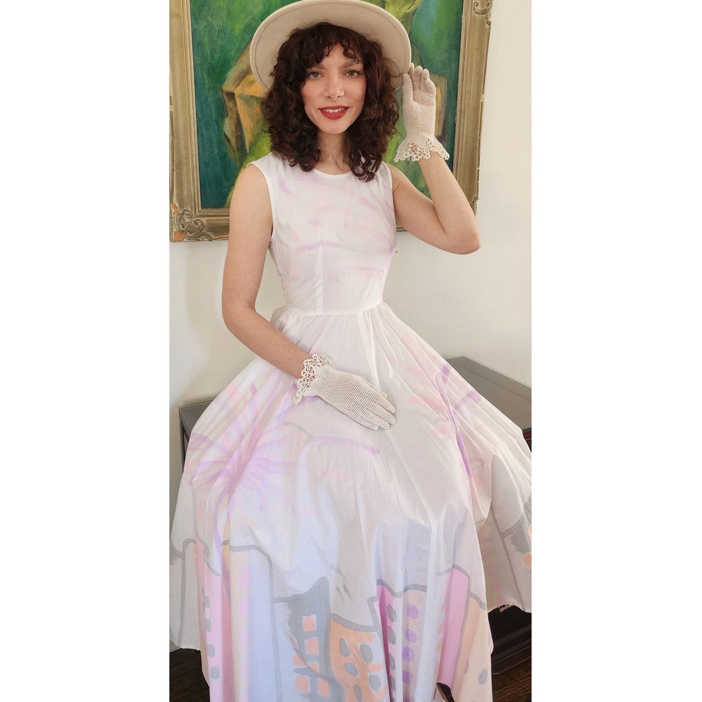 Vintage 90s Cotton Print Sun Dress Sleeveless White Pink Cityscape Print Circle Skirt / S