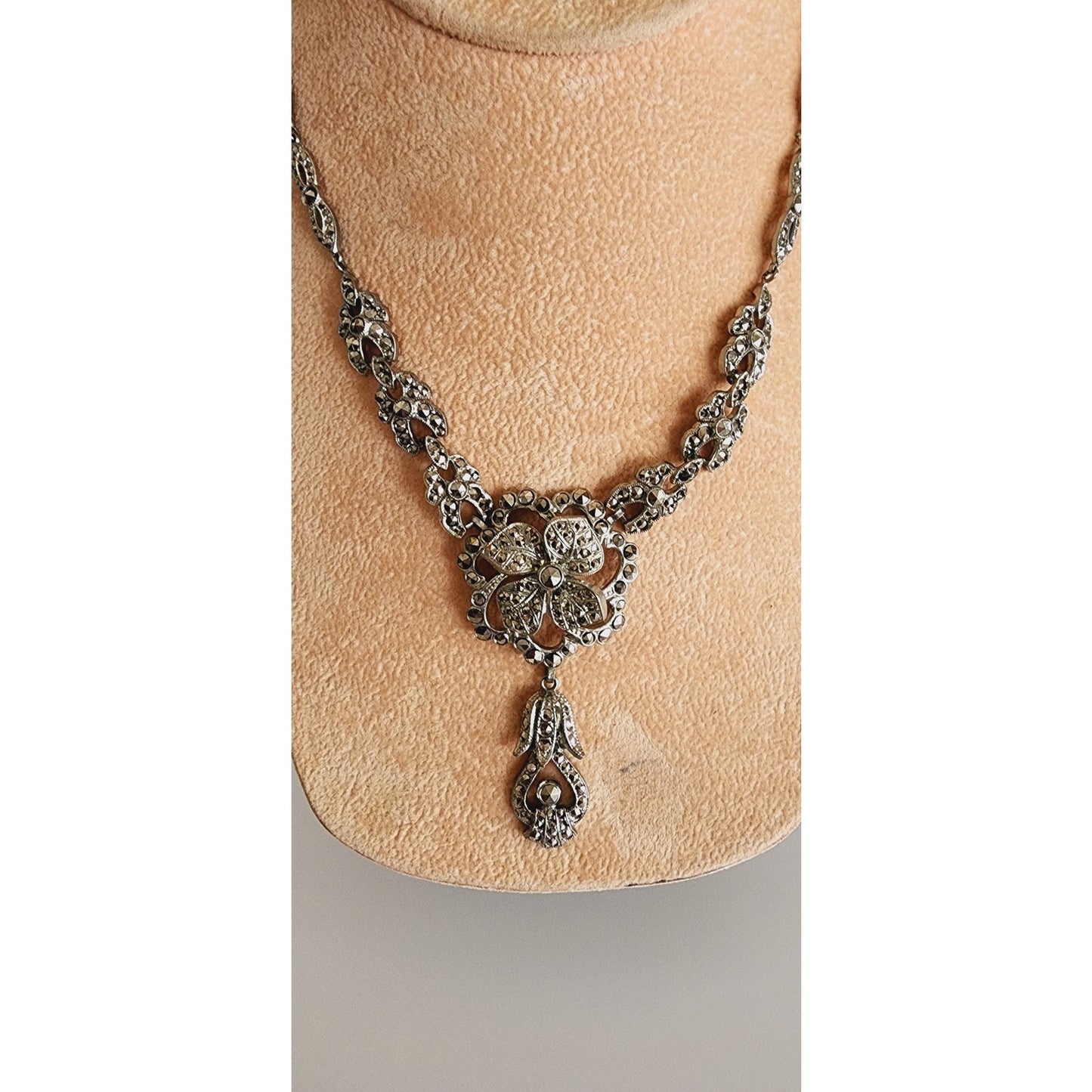 Vintage 50s Czech Necklace Rhinestones Marquisite Silver Plated