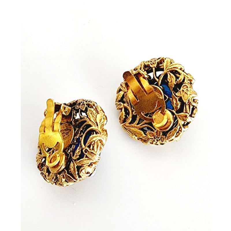 Vintage 90s Chanel Earring Clips Gripoix Blue Glass Byzantine Style A 96