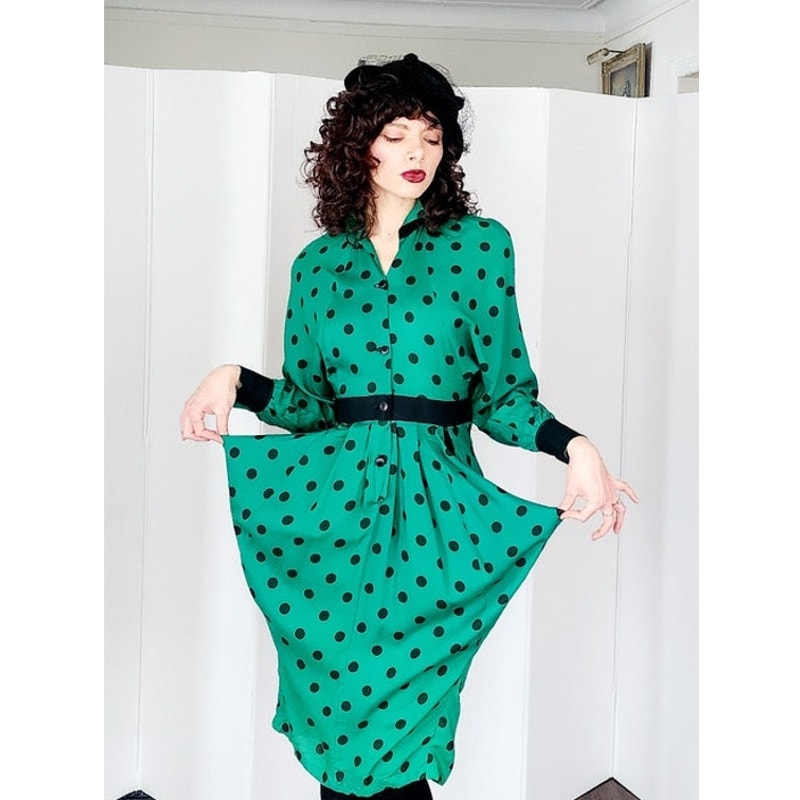 Vintage 80s Does 40s Green Polkadot Print Dress Peplum Pockets  / Strawberry Studio / S