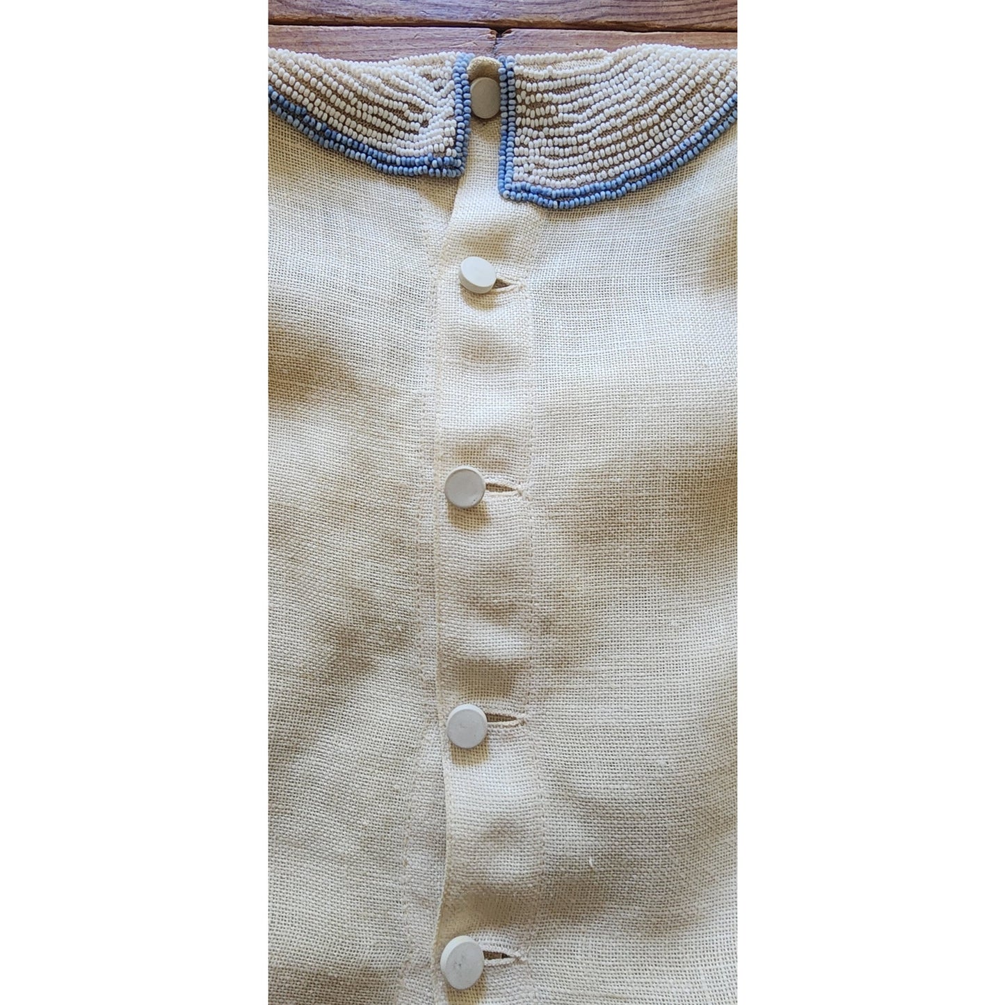 80s Krizia Top Cream Flax Linen Sleeveless Beaded Blue Rose Peter Pan Collar
