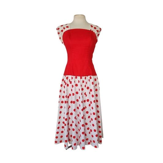 Vintage 80s Polka Dot Print Dress Red White Leslie Lucks