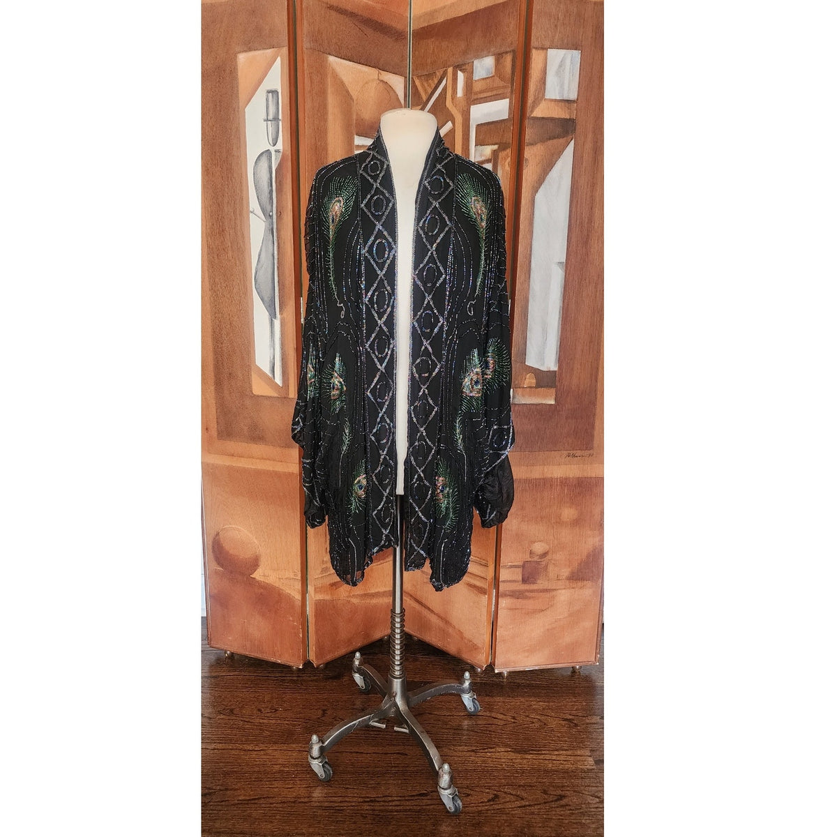 Vintage 1990s Evening Kimono Jacket Shimmering Peacock Feathers Beaded Black Duster Boho Chic Art Nouveau Deco