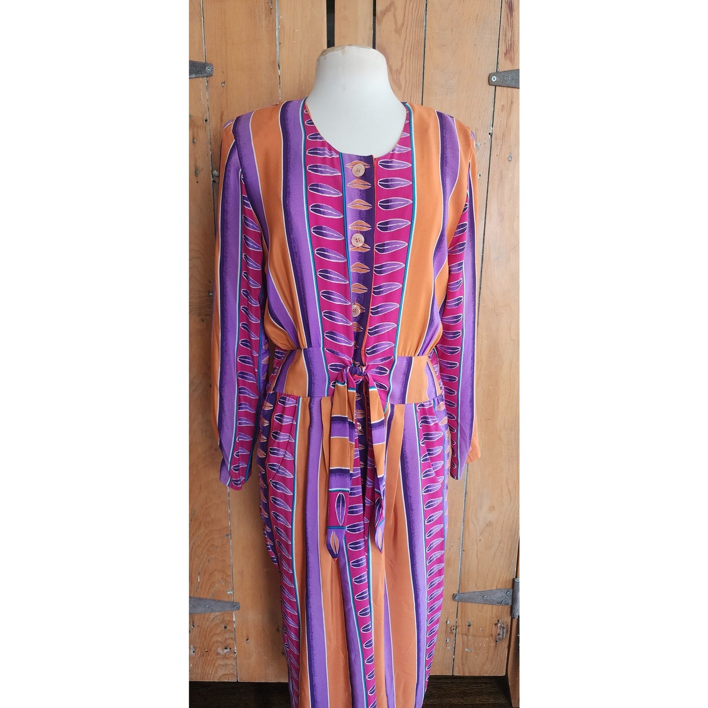 Vintage 1980s Silkprint Dress Purple Orange Stripe Secretary Style Sady King