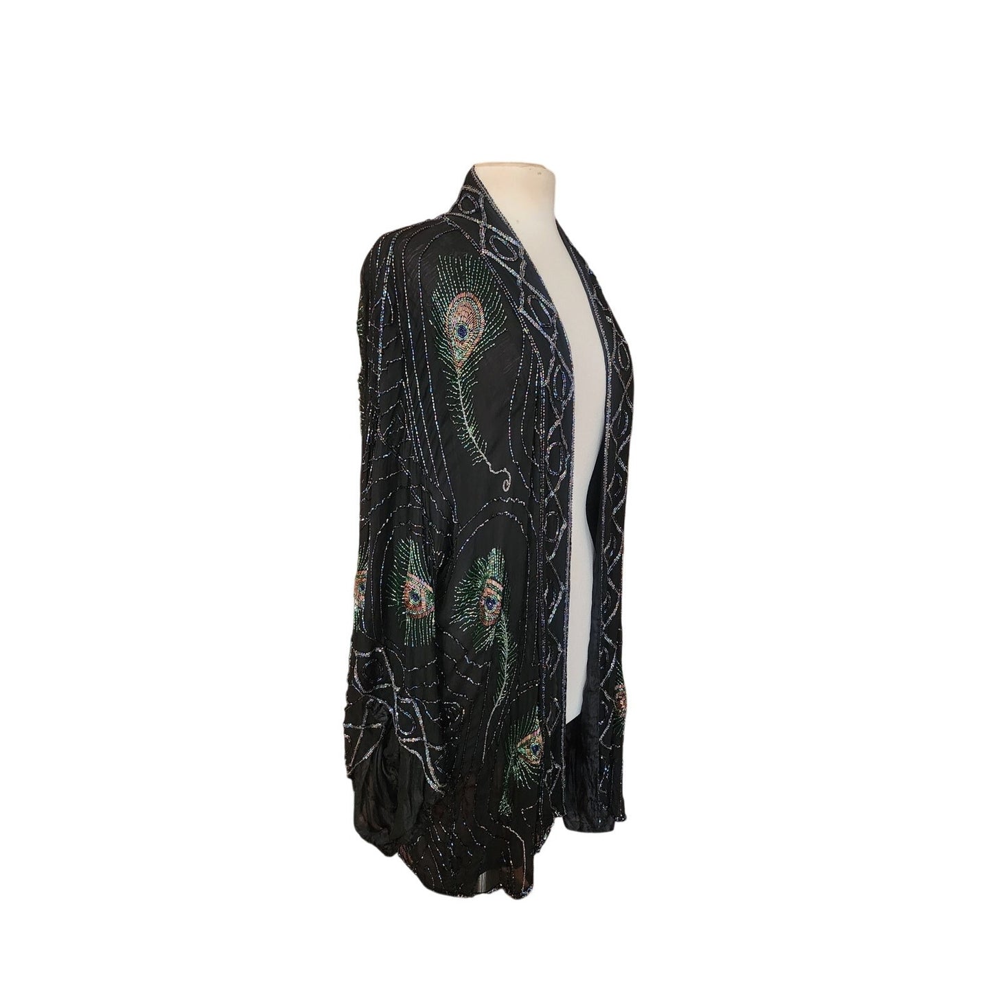 Vintage 1990s Evening Kimono Jacket Shimmering Peacock Feathers Beaded Black Duster Boho Chic Art Nouveau Deco