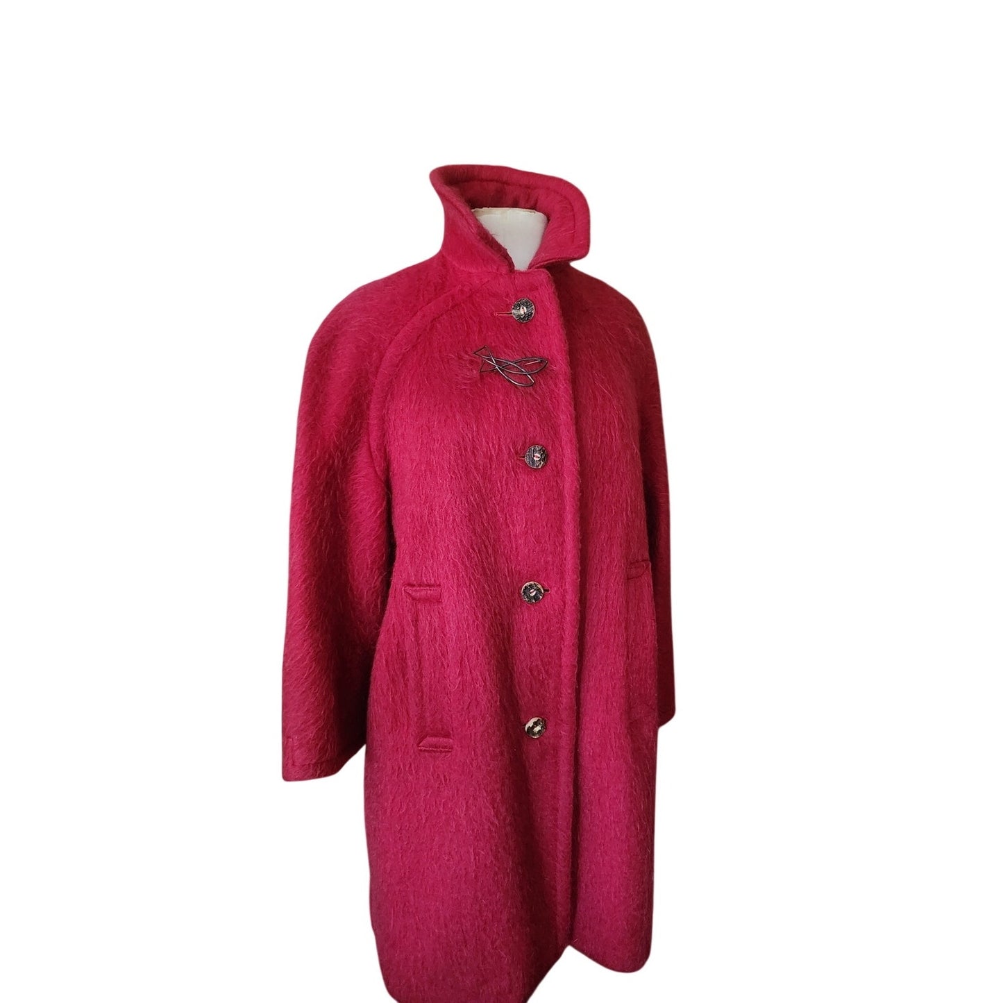 Vintage 1960s Loden Plankl Red Wool Coat Austrian Trachten Alpine Silver Fish Pin