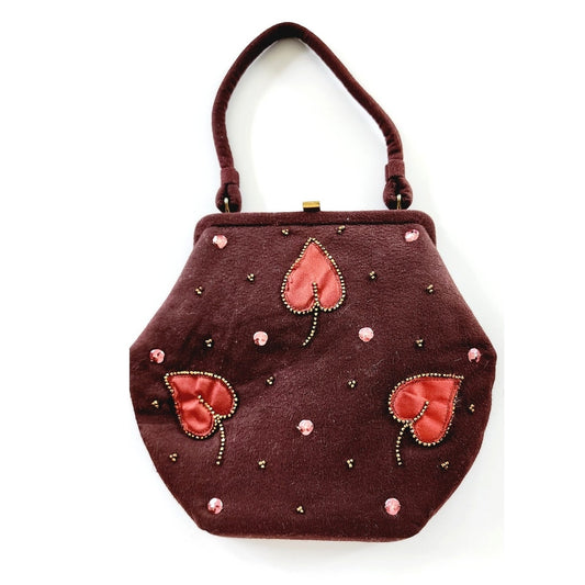 Vintage 40s Brown Bag Embroidered Copper Red Leaves Soure'