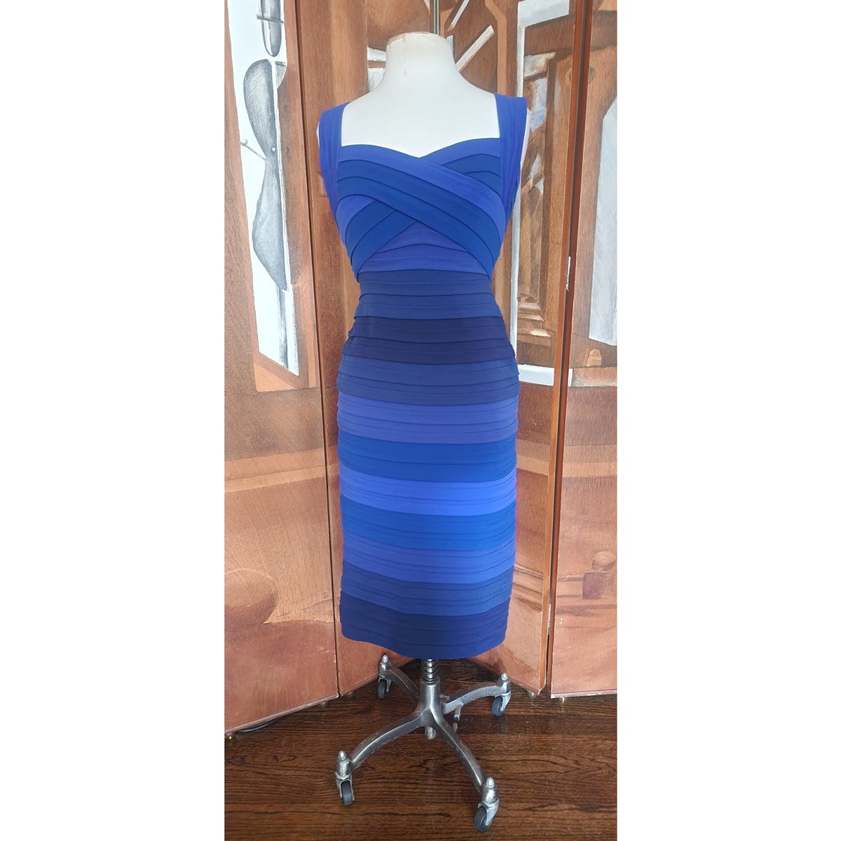 Vintage Y2k Tadashi Dress Blue Bandage Style Bodycon Sleeveless Stripe Small