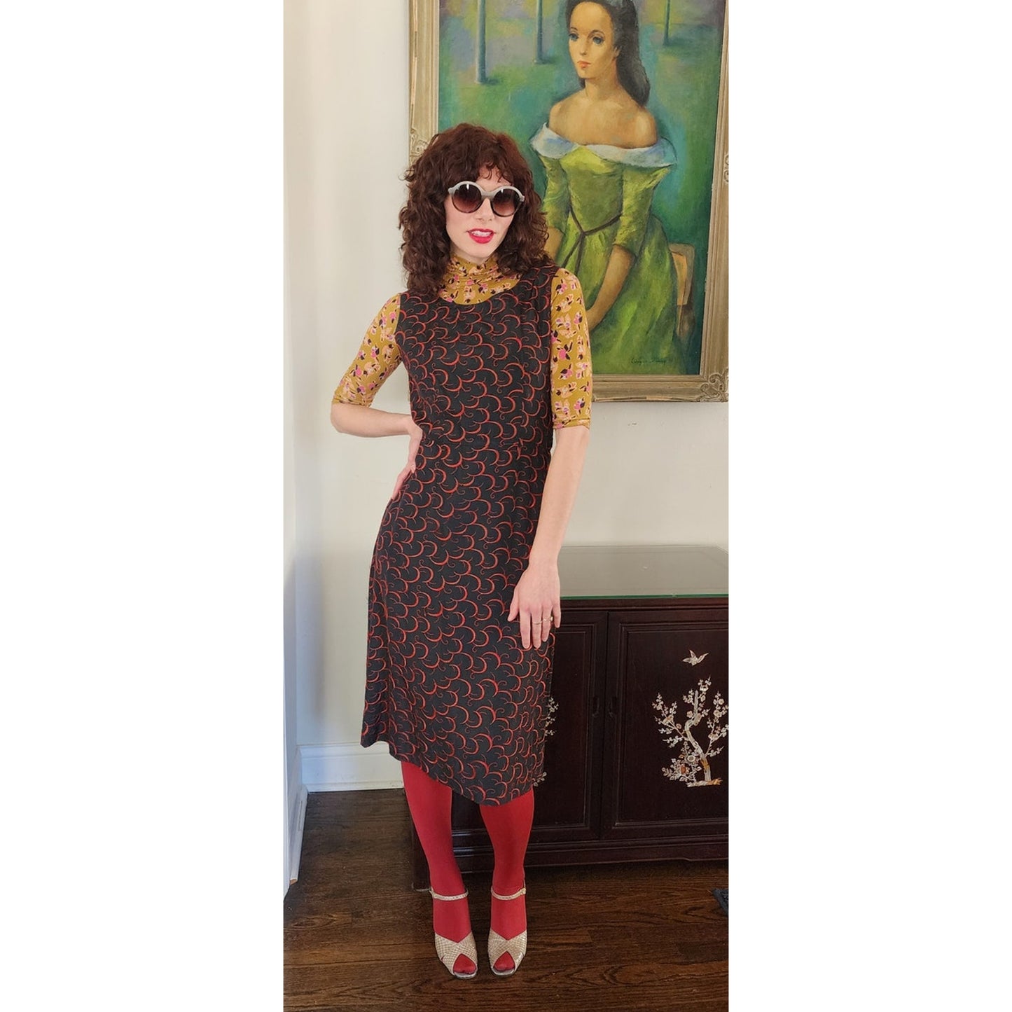 Vintage 1960s Embroidered Dress Red on Black Crescent Moon / Medium