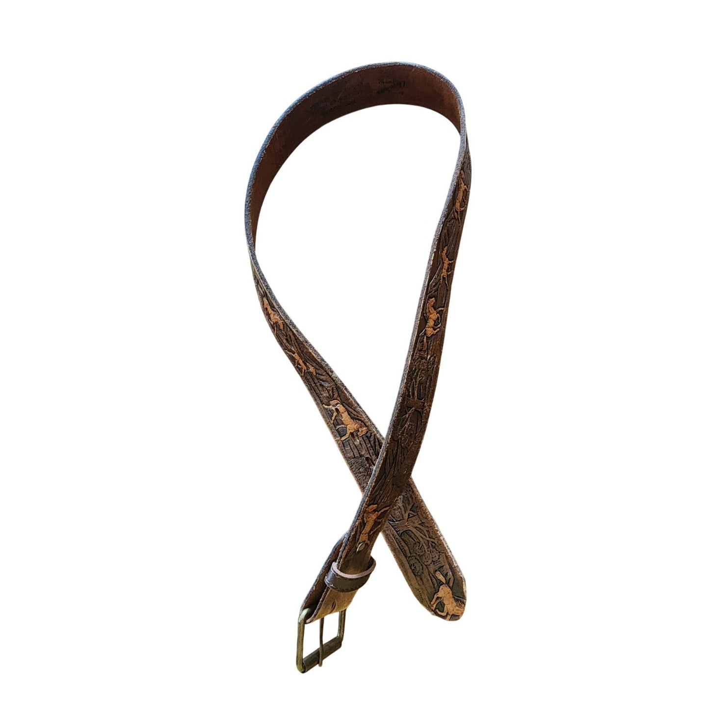 Vintage 1970s The Rowel Brown Belt Tooled Leather Horses Trees Cowboy Western