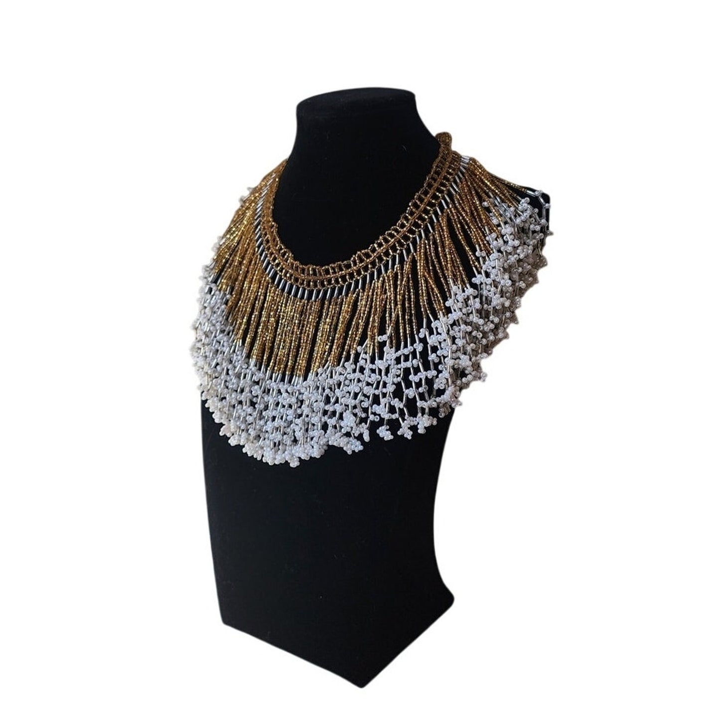 Vintage Bib Necklace Boho Fringed Beaded Collar Choker Gold Maximalist Egyptian