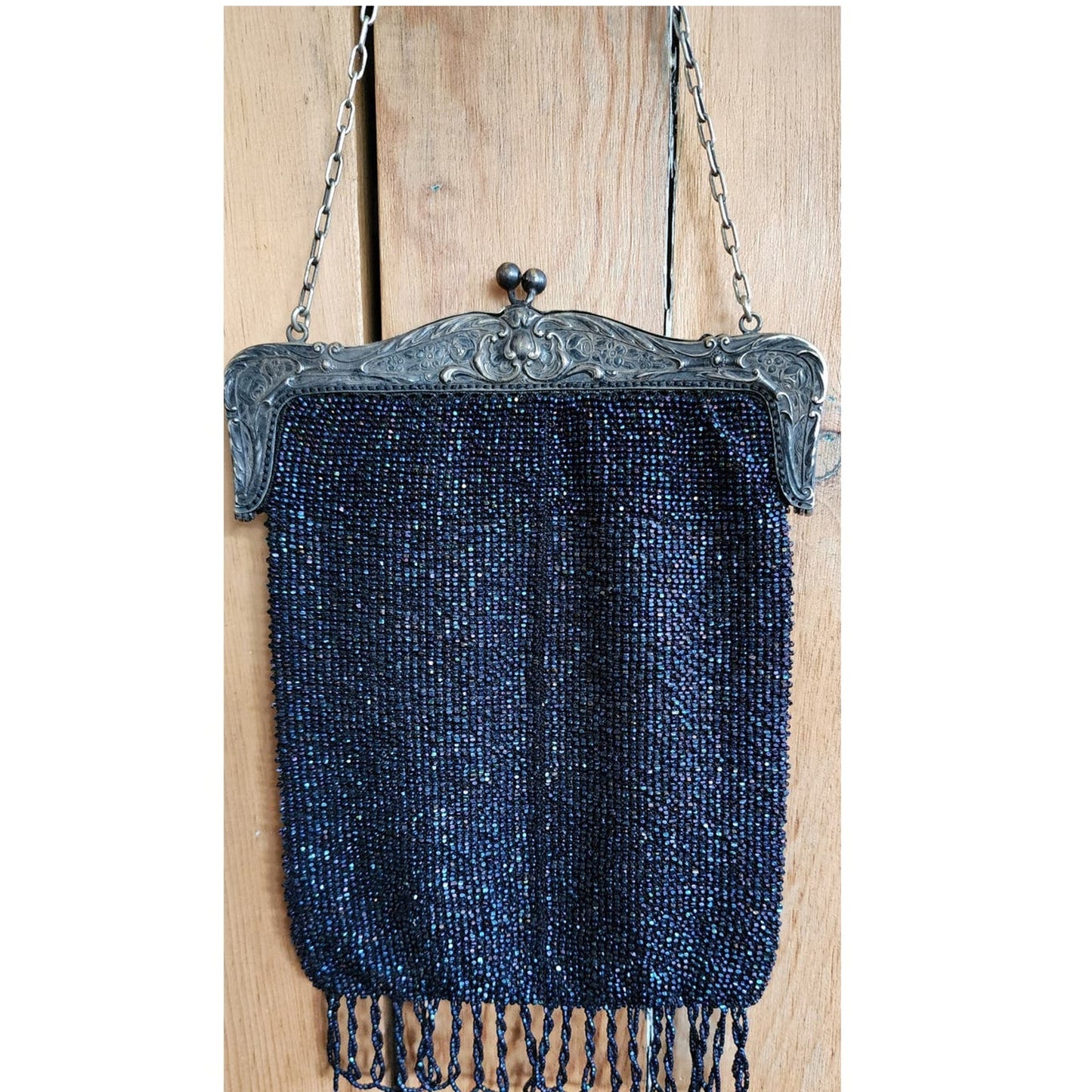 Edwardian Beaded Evening Bag Navy Blue Glass Microbeading