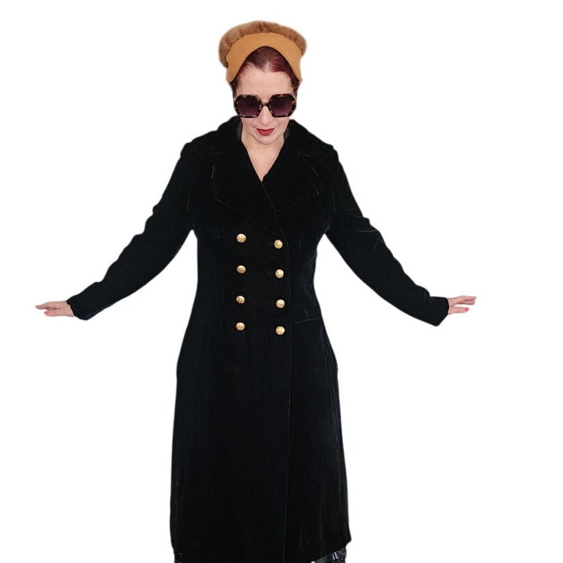 Vintage 60s Black Velvet Opera Coat Double Breasted Gold Buttons