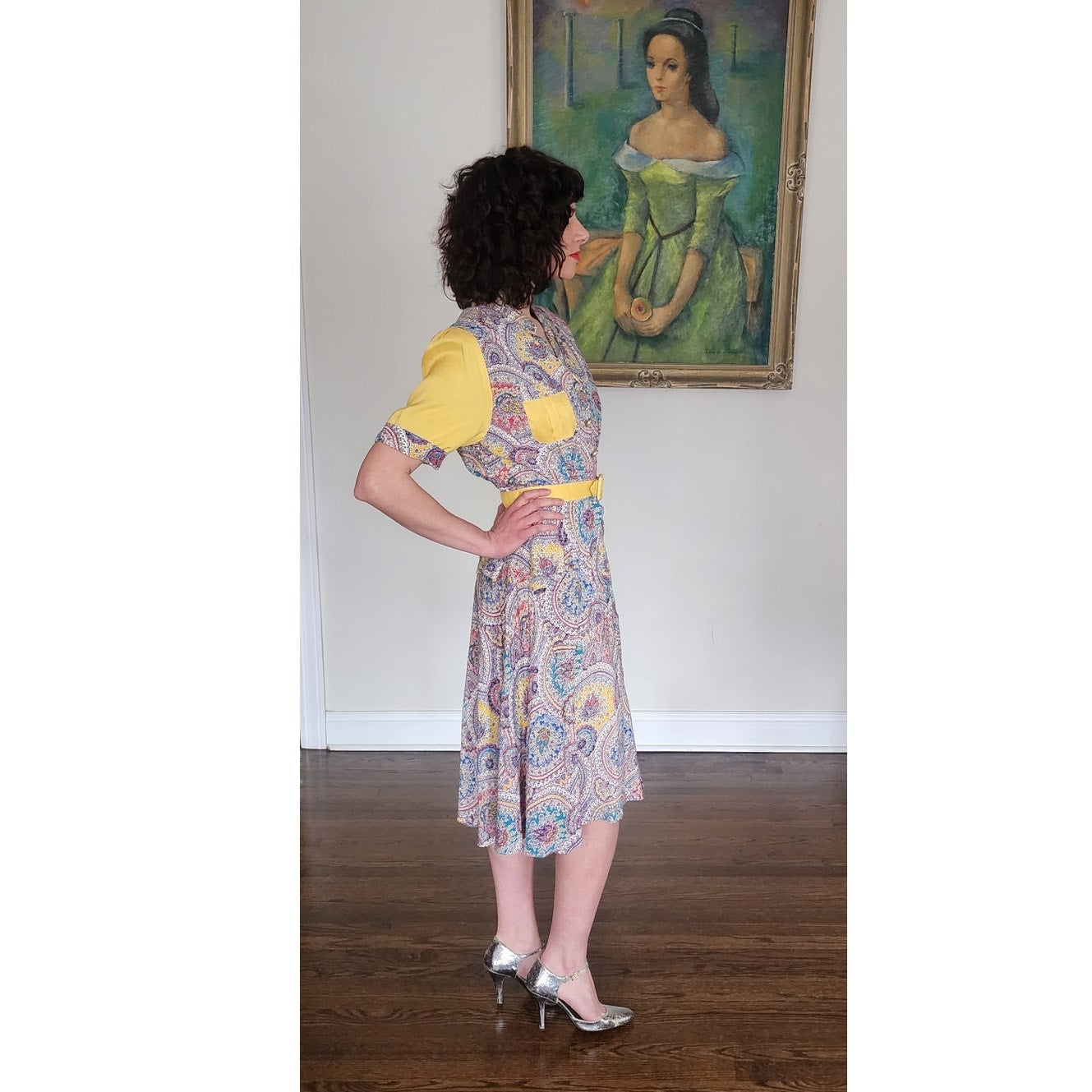 40s Saybury Paisley Rayon 2 Pc Dress &amp; Jacket Set with Yellow Sleeves &amp; Belt