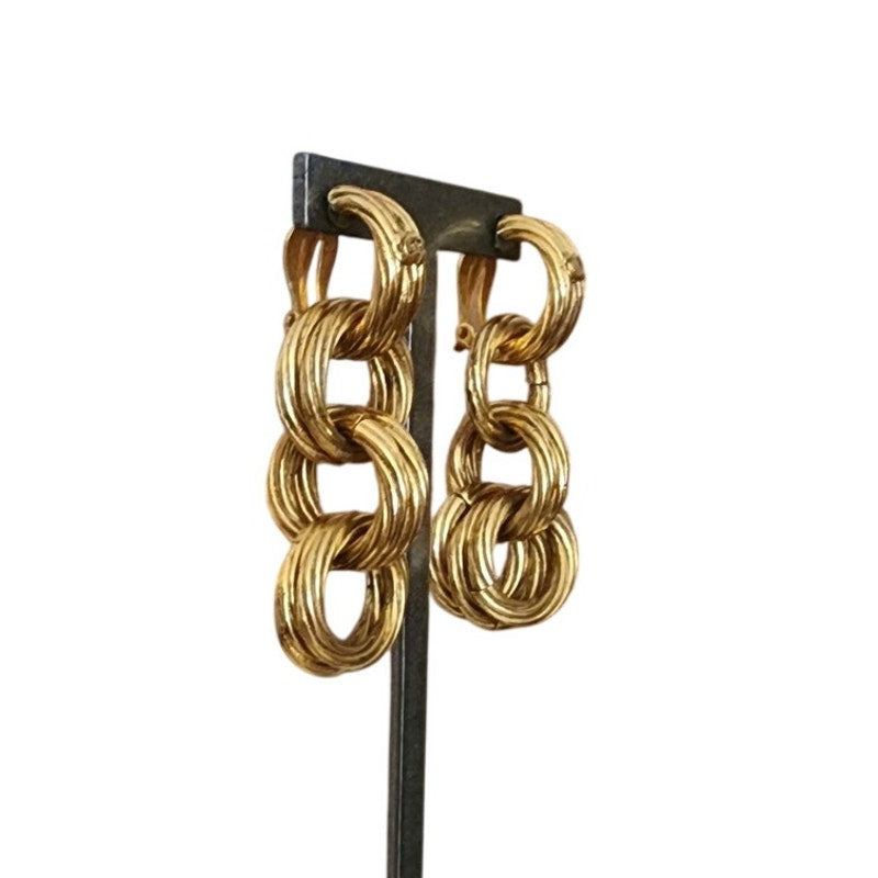 Vintage 90s Chanel Gold Earrings Clips 93P Multi-Ring Drop Logo Hoop Danglies