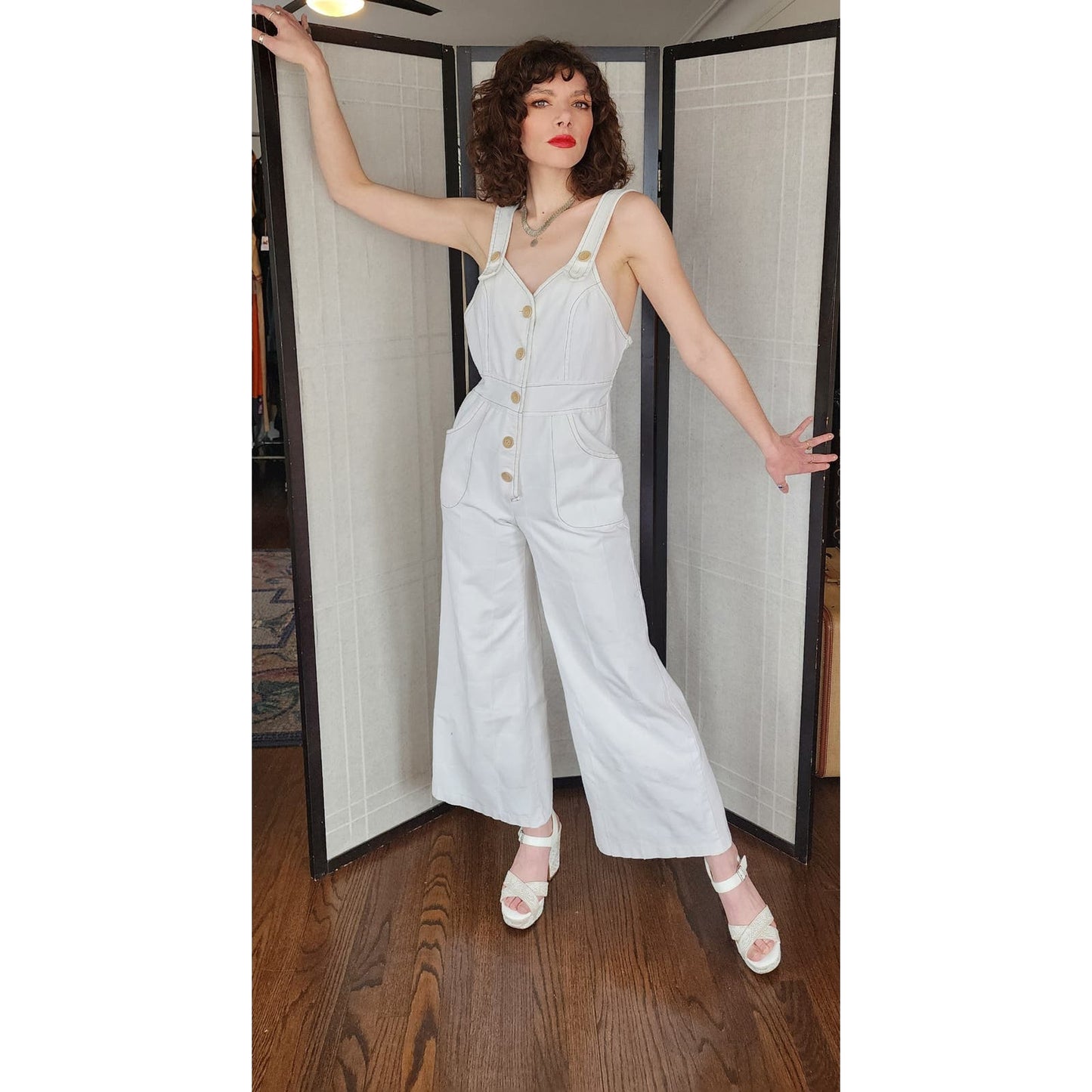 Vintage 70s Jumpsuit in White Cotton Big Pockets