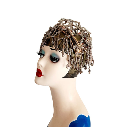 Antique Beaded Headress Hat Gray Beads One of a Kind Medusa Flapper