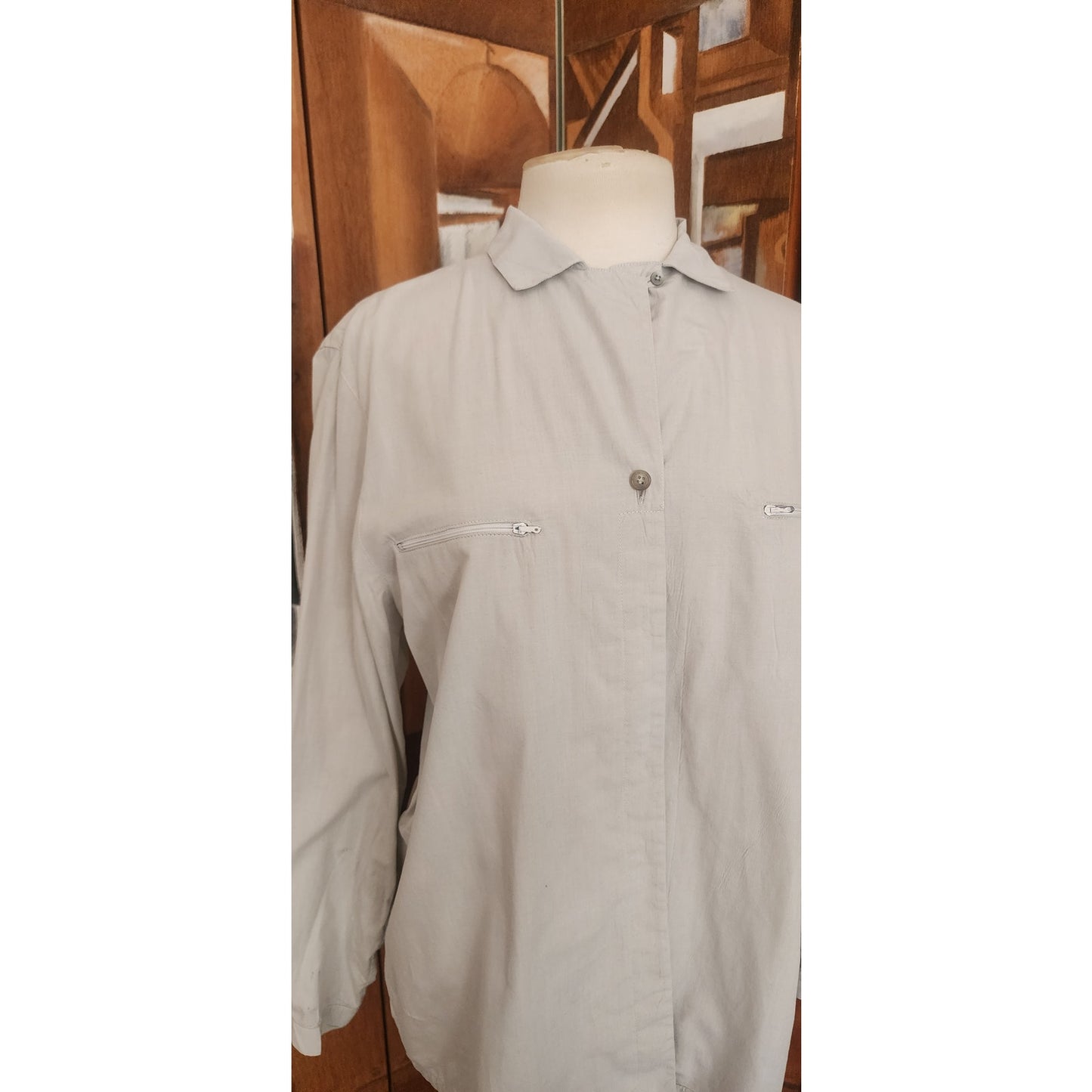 Vintage 1990s Prada Shirt Gray Button Down Long Sleeve Blouse Zipper Pockets L