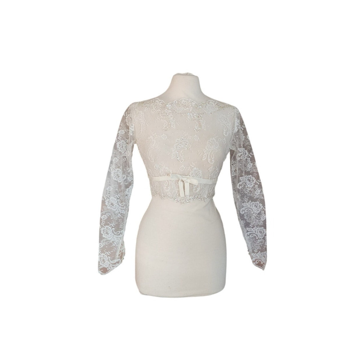 Vintage 50s Bridal Top Jacket Sheer White Lace & Sequins Long Sleeved
