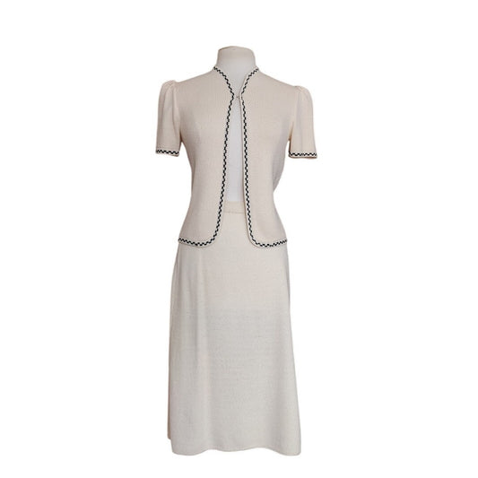Vintage 80s St. John for Marshall Fields Cream & Black Knit Suit Skirt Jacket