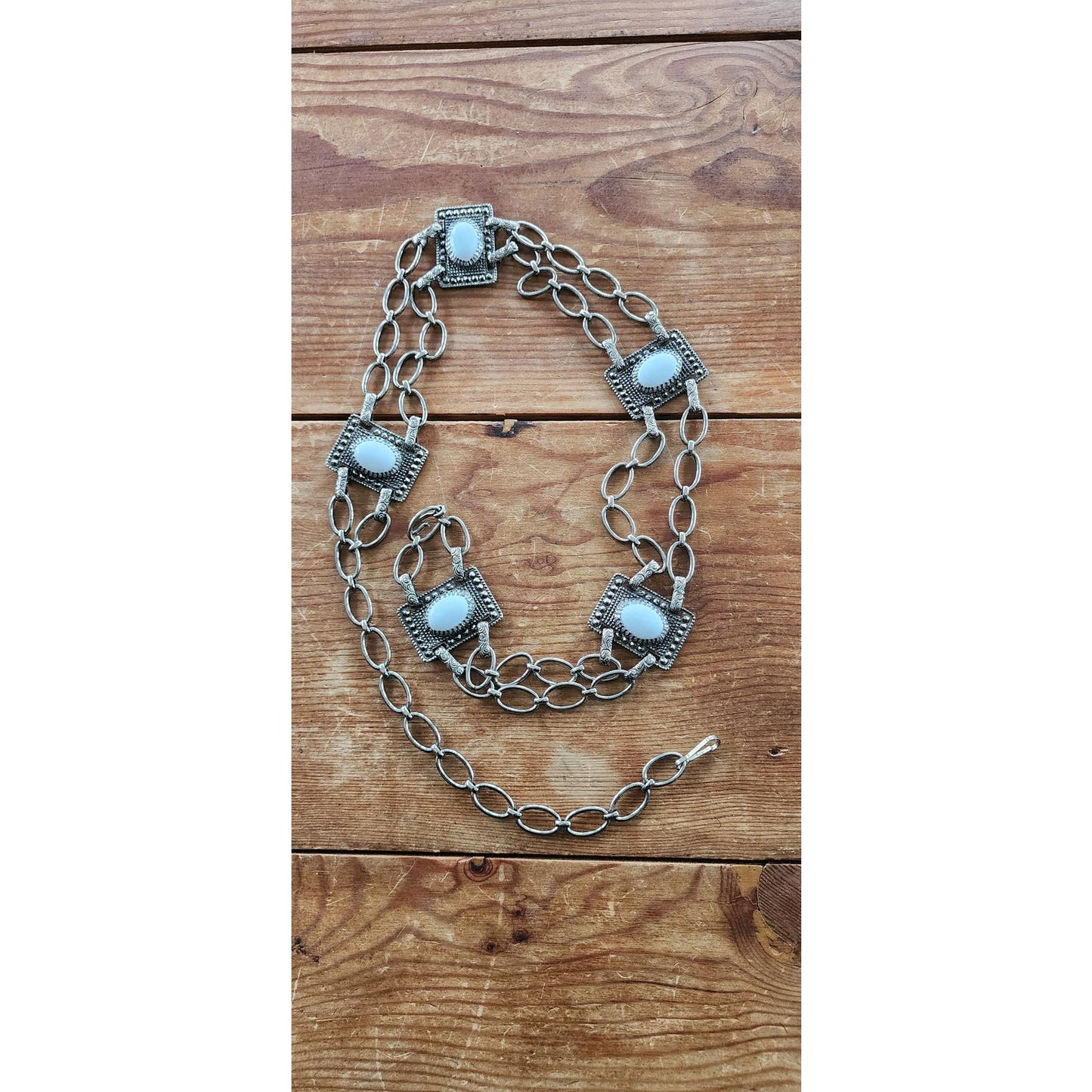 Vintage 60s Chain Belt Silver Link White Enamel