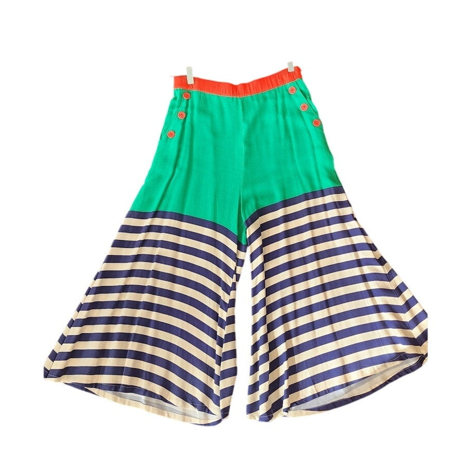 Retro Style Striped Culottes Green Navy Blue High Waisted Sailor Pants / M