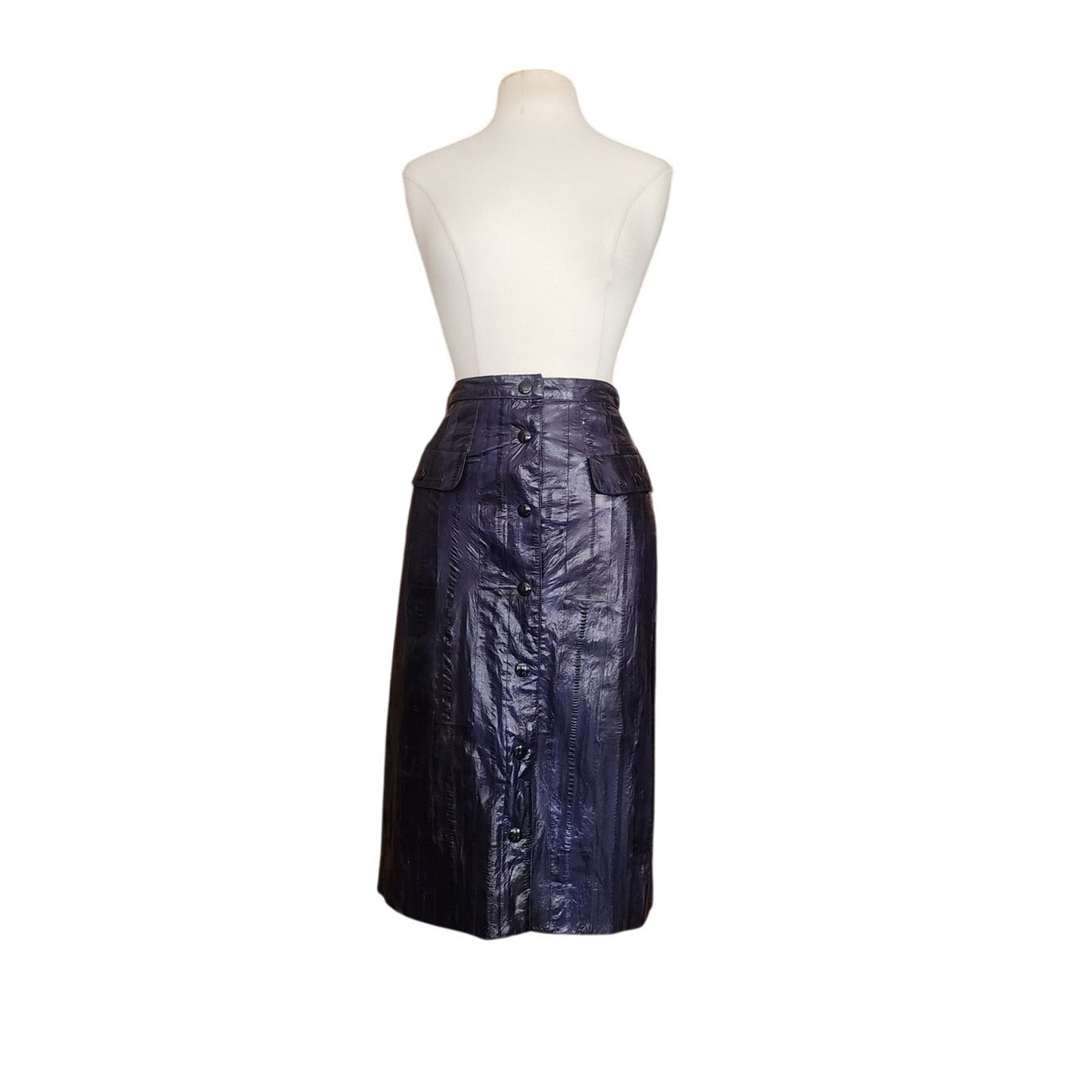 Vintage 1980s Krizia Pencil Skirt Purple Eel Skin Leather Snap Front Midi Small IT 40