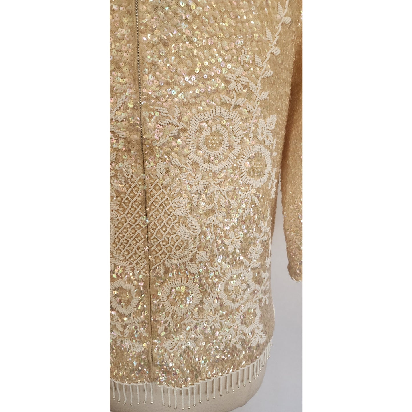 Vintage 60s Beaded Sequined Top Cream Wool Long Sleeved Regalia Imports Hong Kong