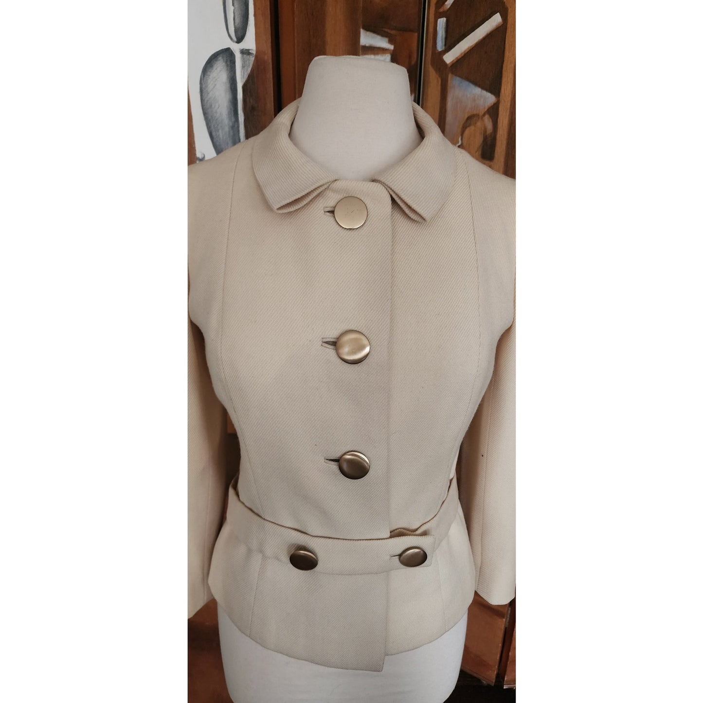 Vintage 60s Marshall Field & Company Cream Wool Peplum Jacket