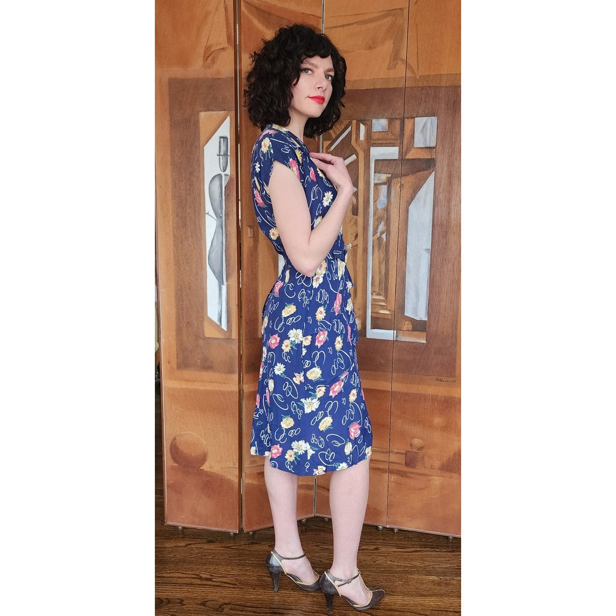 Vintage 40s Rayon Print Midi Dress Dark Blue Floral w/Belt & Diagonal Peplum