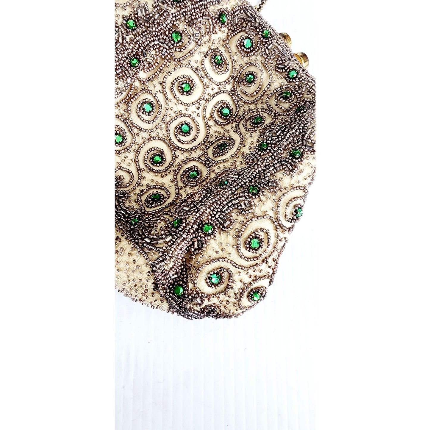 Vintage 30s Beaded Evening Bag Green Rhinestone Scrollwork