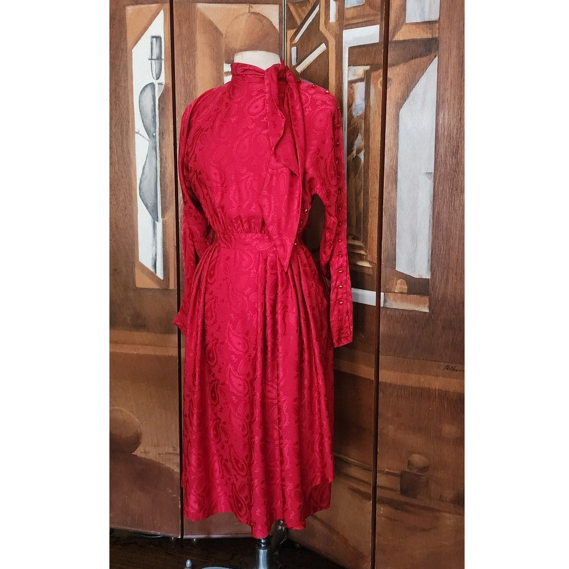 Vintage 1980s Emanuel Ungaro Dress Red Silk Paisley Print I Magnin Long Sleeve Scarf Sash Tie