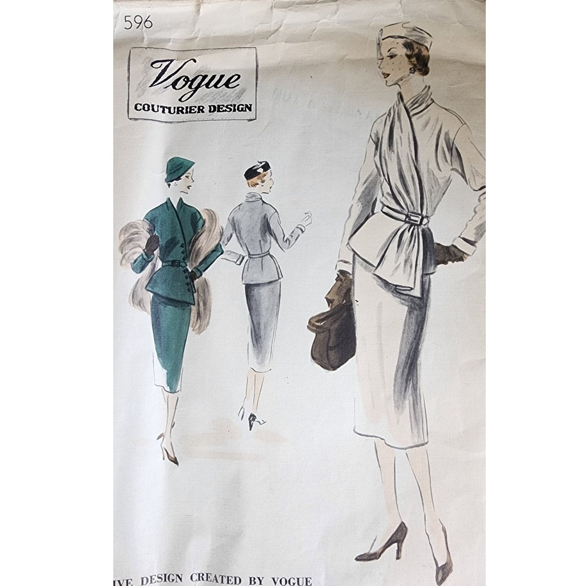 Vintage 50s Sewing Pattern Vogue 596 Suit Dress Skirt Jacket Scarf