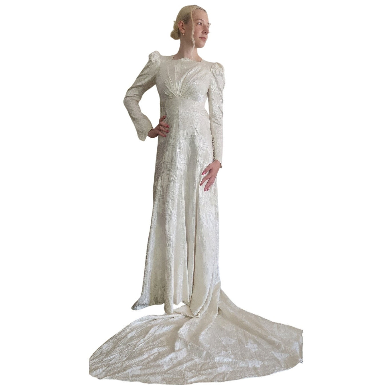 Vintage 1940s Wedding Dress Ivory Damask Long Sleeves by LaRose / Small