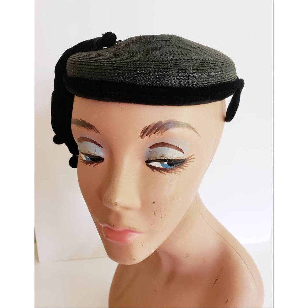 Vintage 1950s Black Hat Fascinator Modernist Avant Garde Cocktail Beanie Hat Pom-Pom Fringe Yeagers Akron Ohio