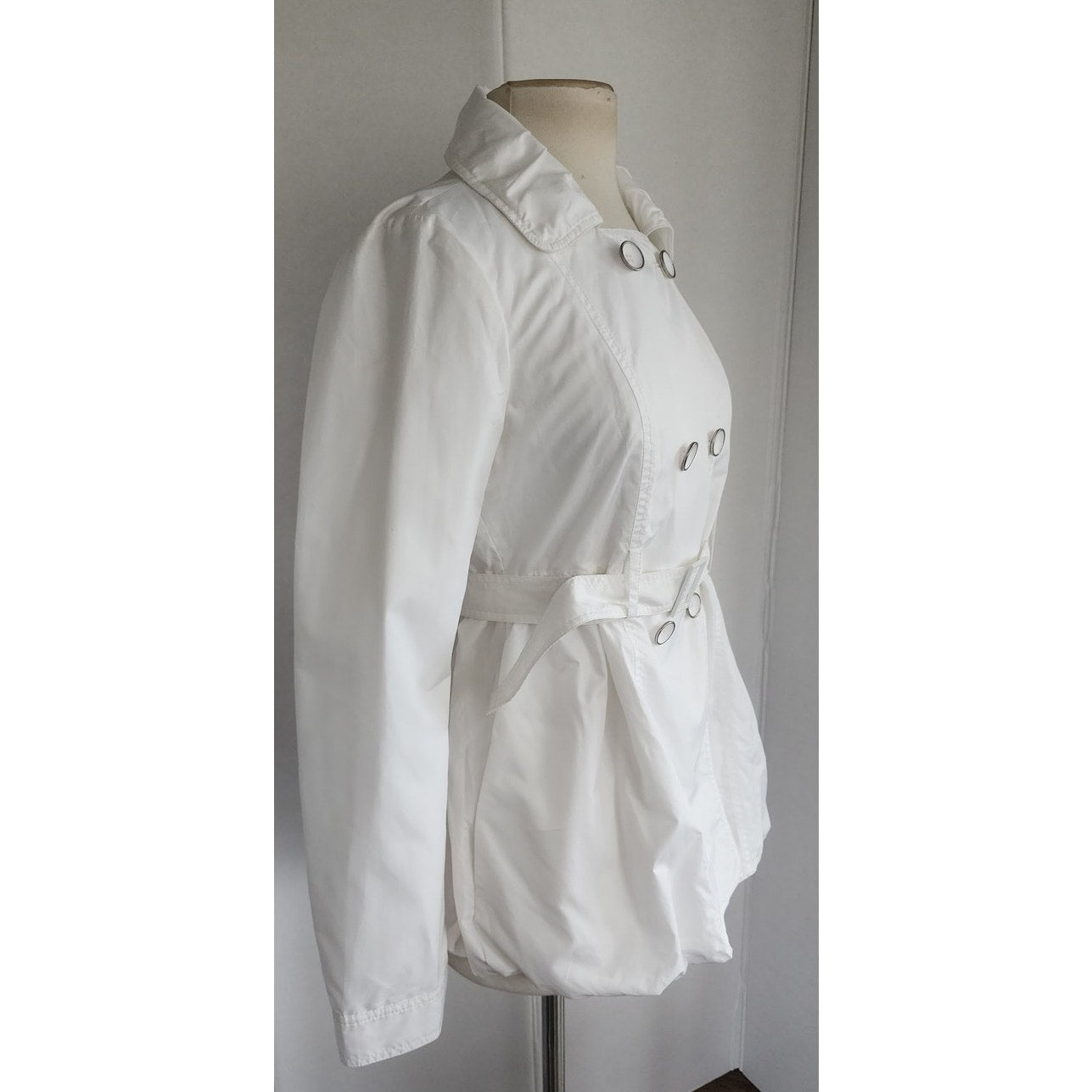 Vintage 90s Armani Short Trench White Coat Bubble Hem / S