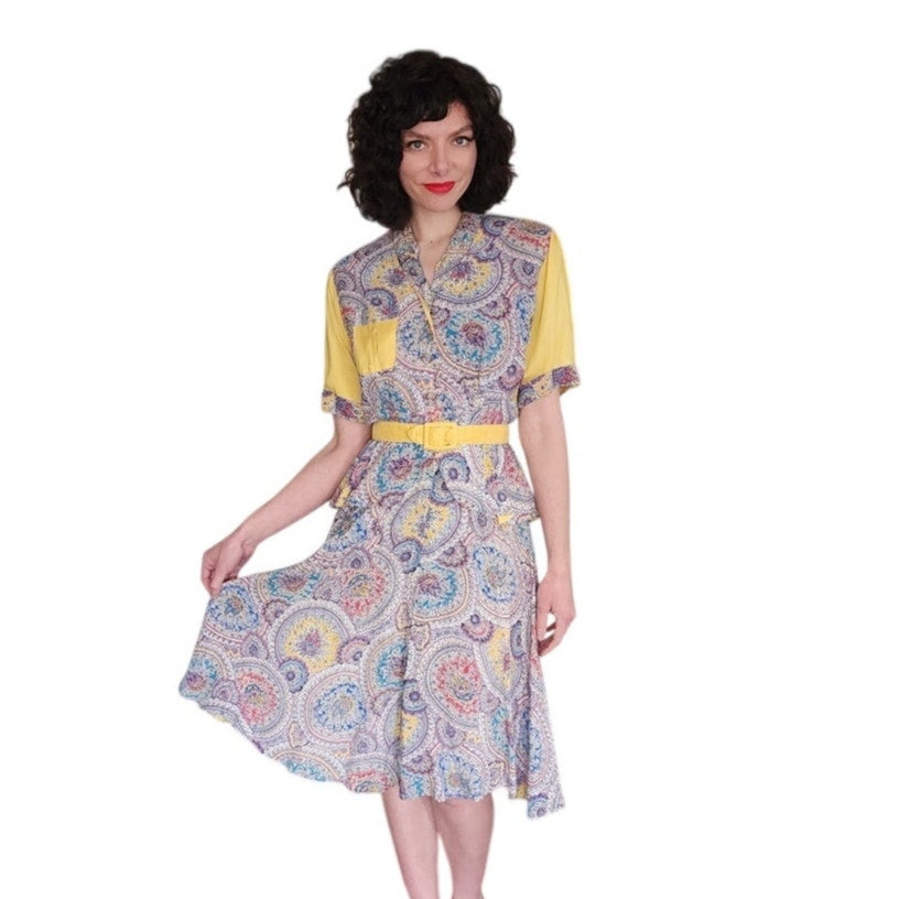 40s Saybury Paisley Rayon 2 Pc Dress &amp; Jacket Set with Yellow Sleeves &amp; Belt