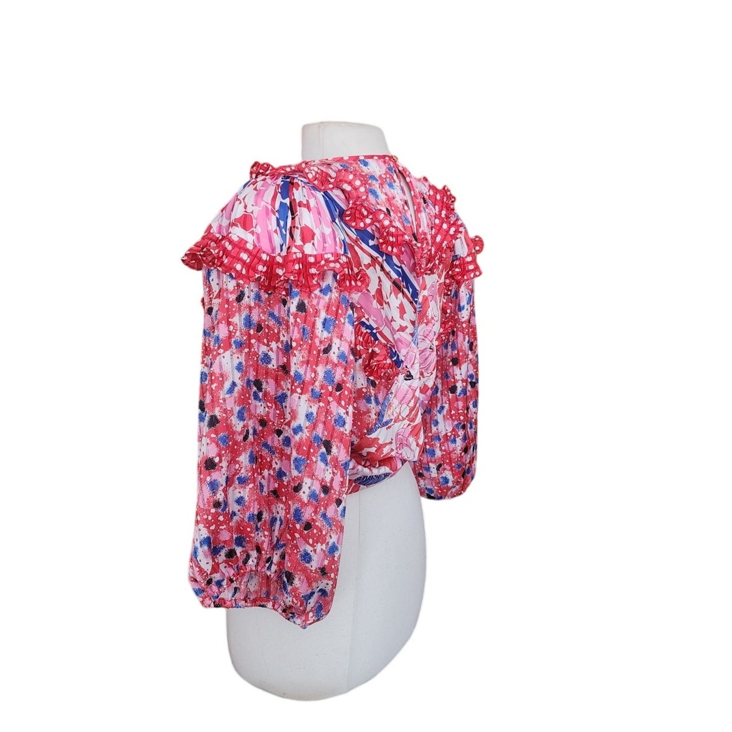 Vintage 80s Diane Freis Blouse Bold Print Poly Georgette Ruffles Pink Red
