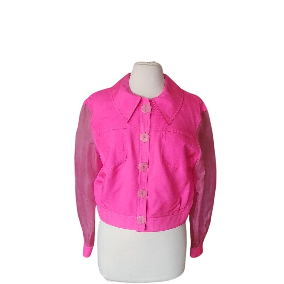 Vintage 90s Pink Silk Jacket Sheer Sleeves Flower Buttons Victoria March Chicago Designer