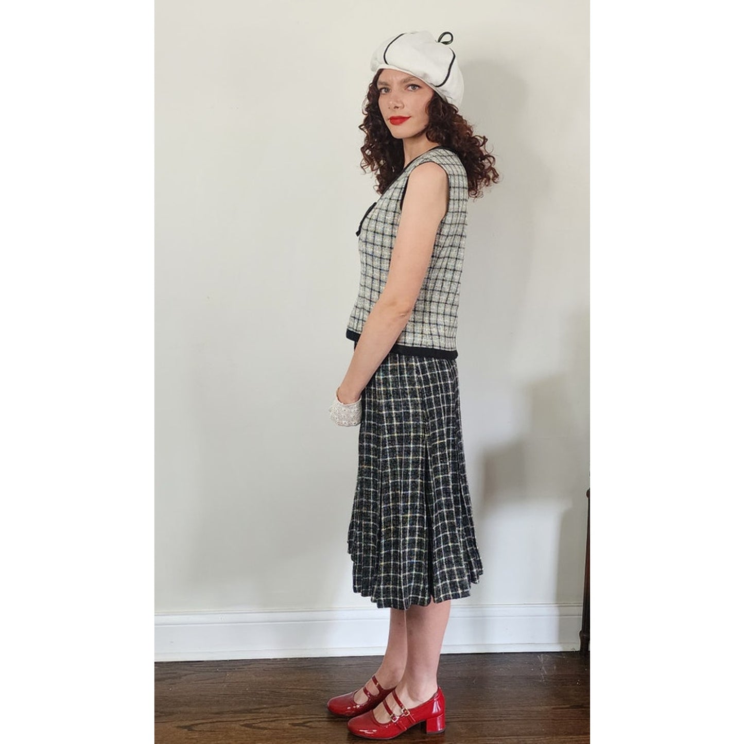 Vintage 1960s Mod Suit Pleated Midi Skirt + Top Gray Black Wool Tweed Geometric Schoolgirl
