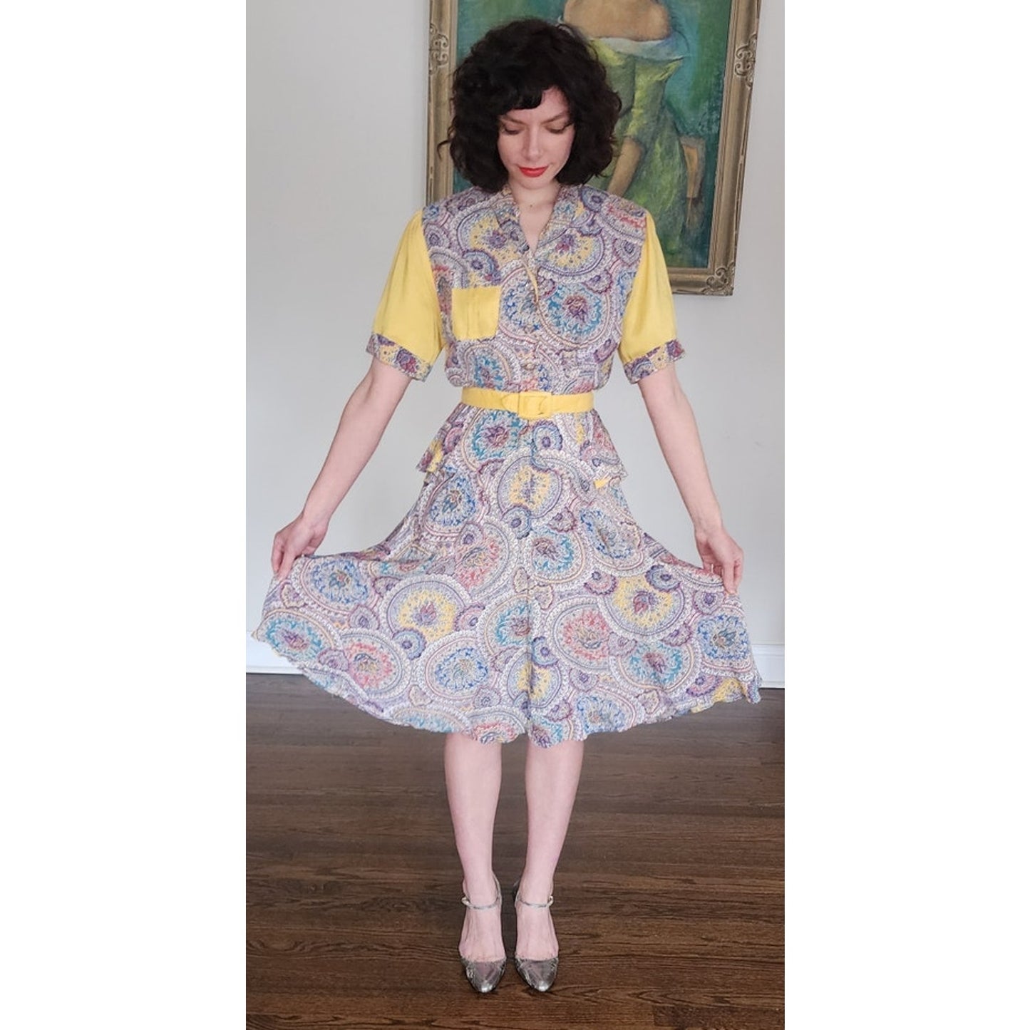 Vintage 1940s Dress Set Paisley Yellow Dress Rayon Belted by Saybury / S