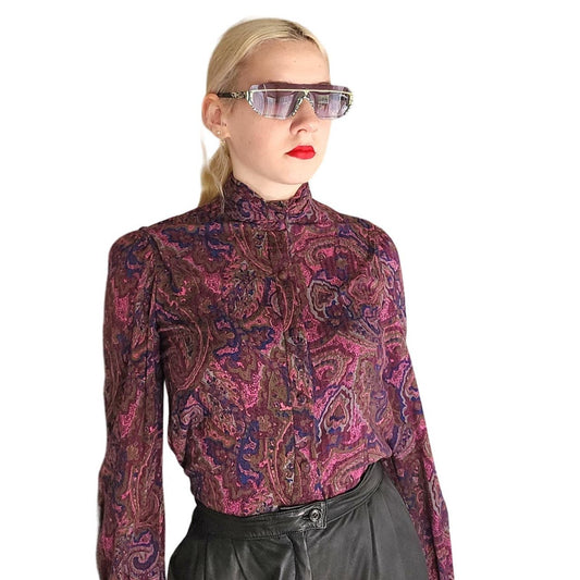 Vintage 80s Ilie Wacs Shirt Purple Paisley Print Blouse I Magnin