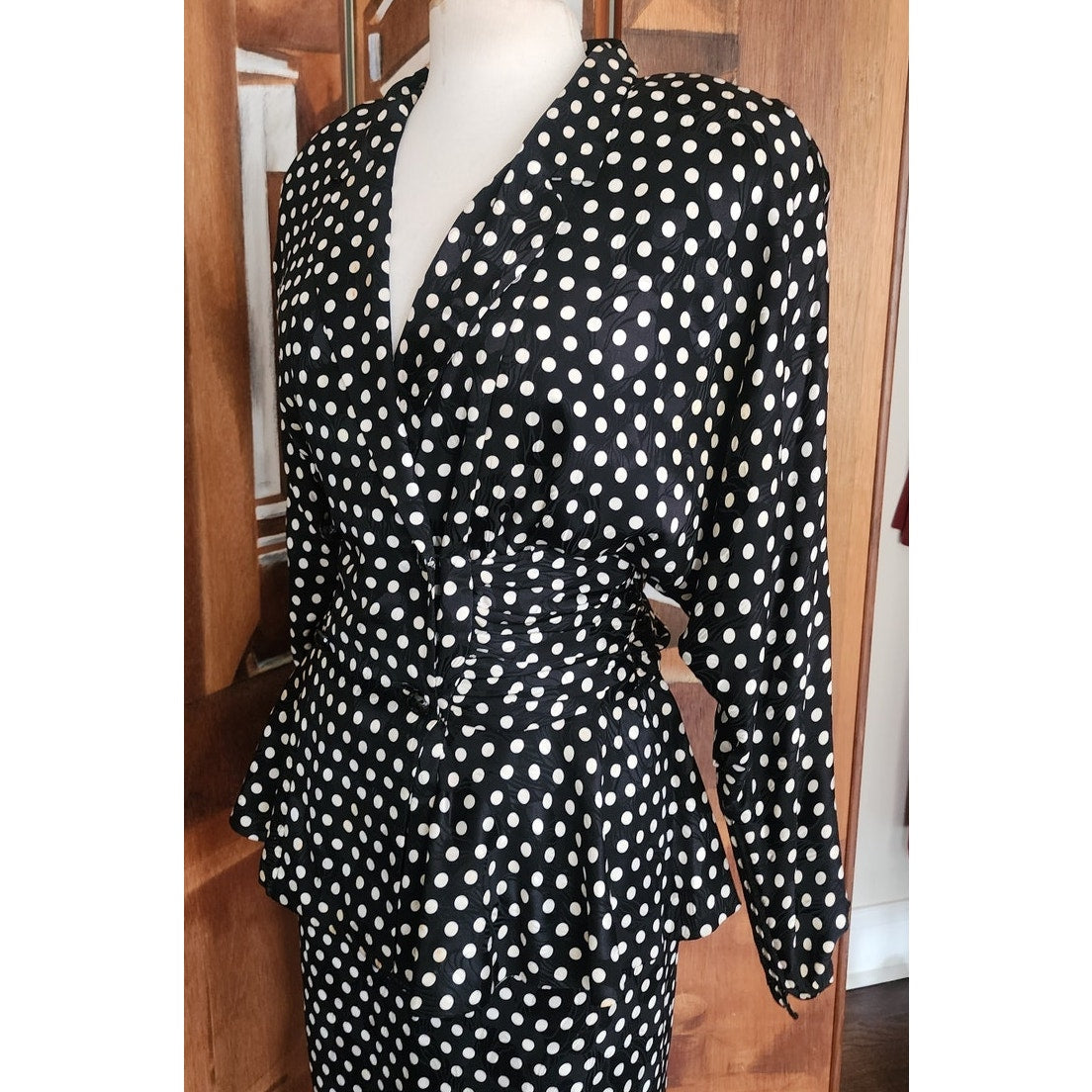 Vintage 80s Saint Romei Neiman Marcus Silk Polka Dot Peplum Jacket Fishtail Skirt Suit Set