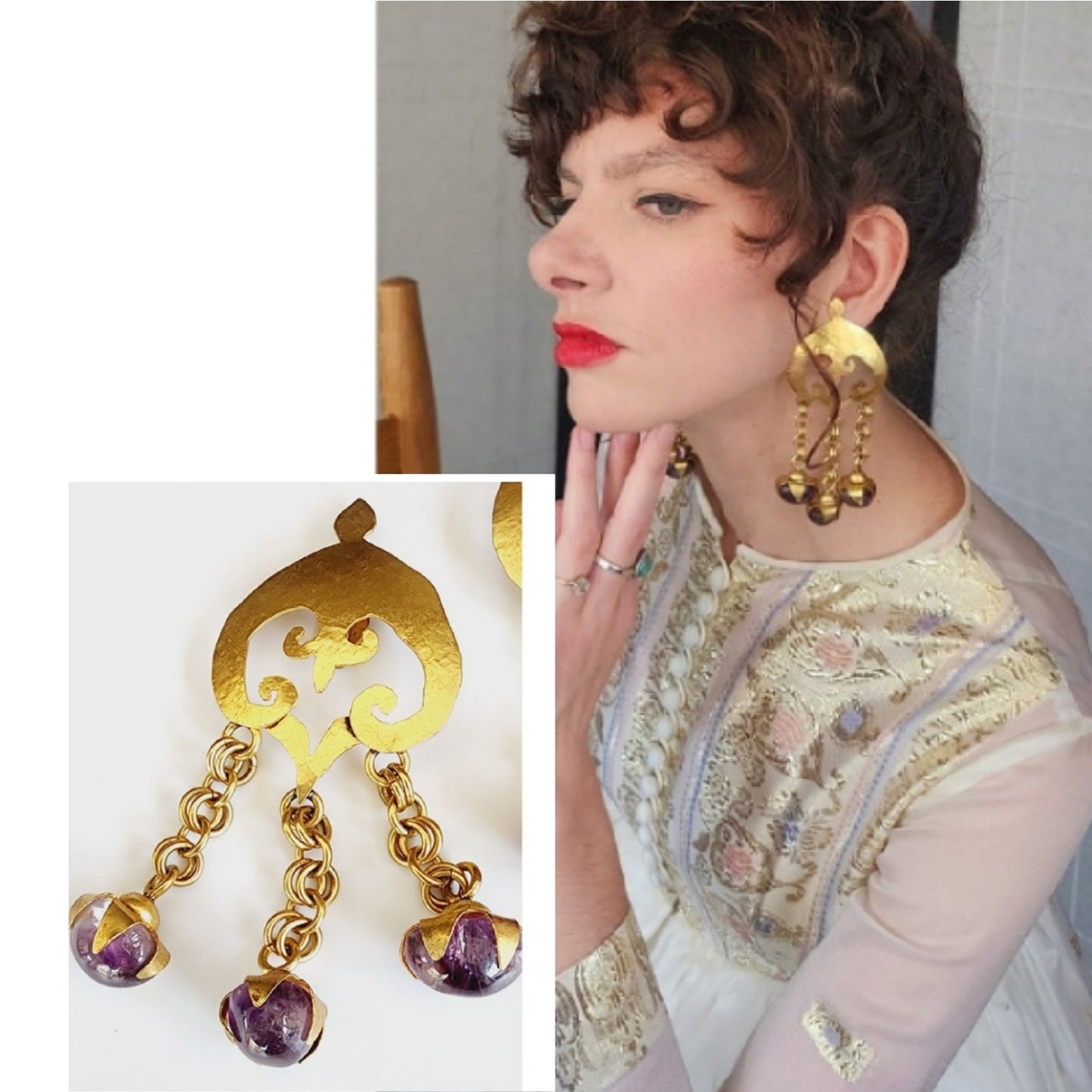 Vintage Hervé Van Der Straeten Earrings Chandelier Clips Gold Purple Amethyst Quartz Dangles