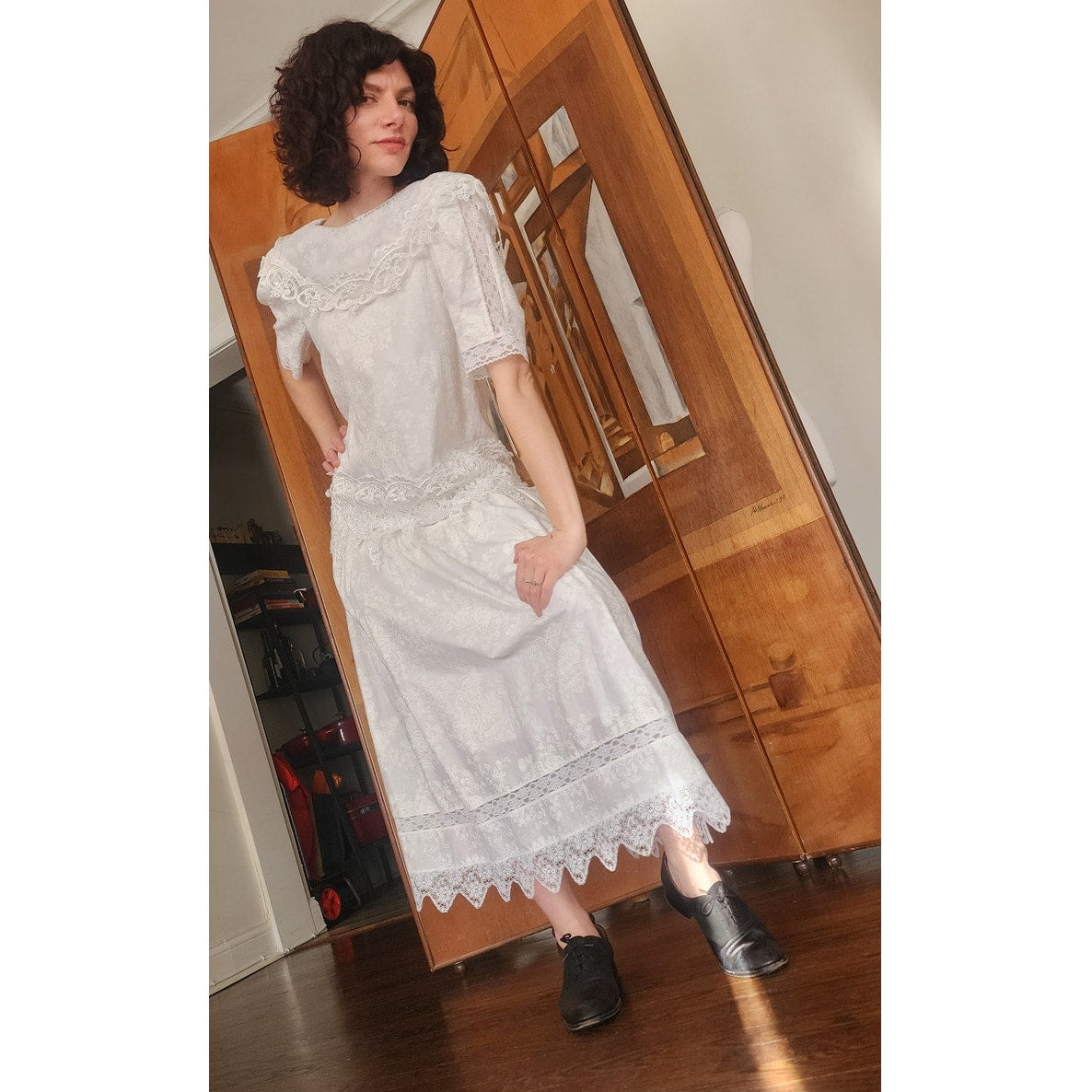 Vintage 80s Scott McClintock White Lace Dress Drop Waist Puffed Sleeves NWT
