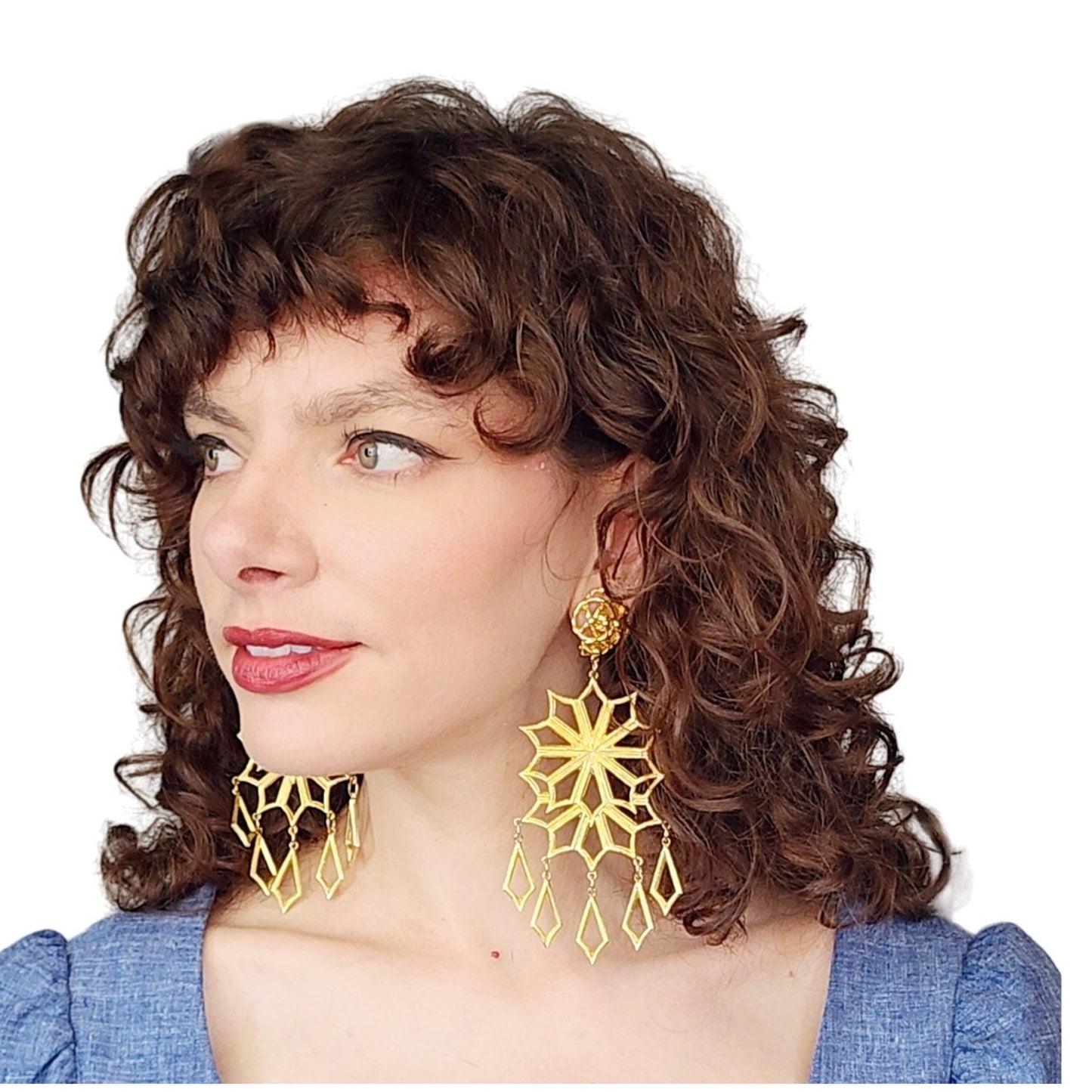 Vintage 80s Oversized Earrings Gold Snowflake Starbursts